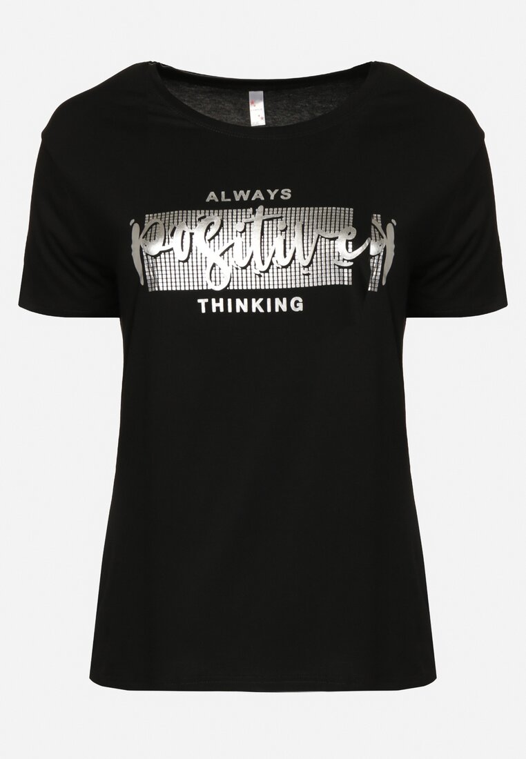 Czarny T-shirt z Ozdobnym Nadrukiem z Metalicznym Połyskiem Neomania