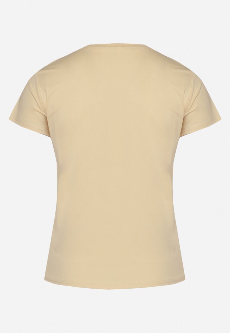 Beżowy Bawełniany T-shirt z Ozdobnym Nadrukiem Littana