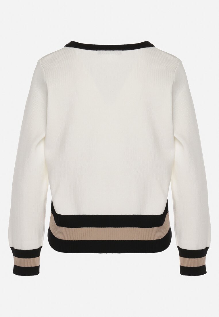 Biały Sweter ze Ściągaczami i Ozdobnym Metalowym Łańcuszkiem przy Dekolcie Larti