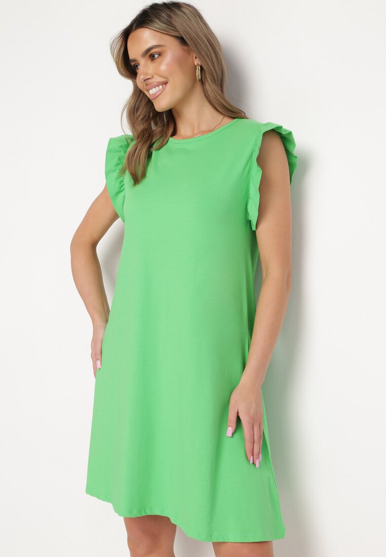 Zielona Letnia Sukienka Bawełniana z Falbankami Wokół Ramion Sasare