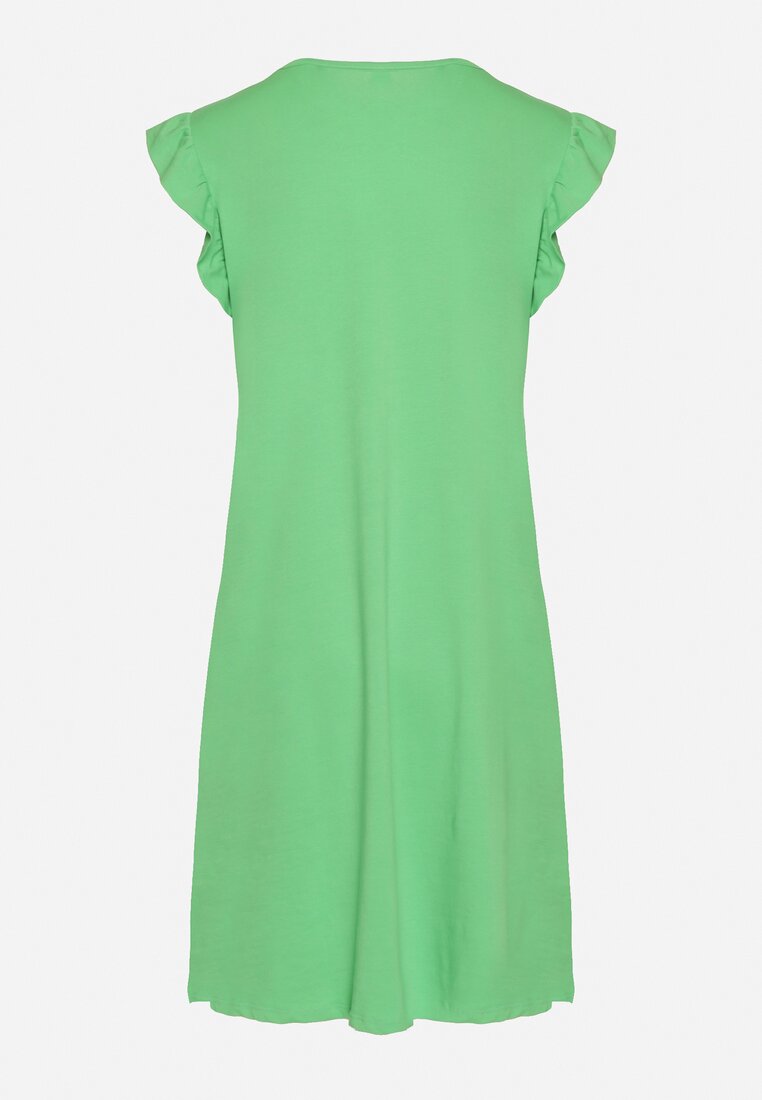 Zielona Letnia Sukienka Bawełniana z Falbankami Wokół Ramion Sasare