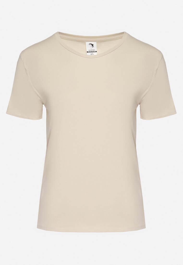 Beżowy Gładki T-shirt z Elastycznej Bawełny z Krótkim Rękawem Derdiara