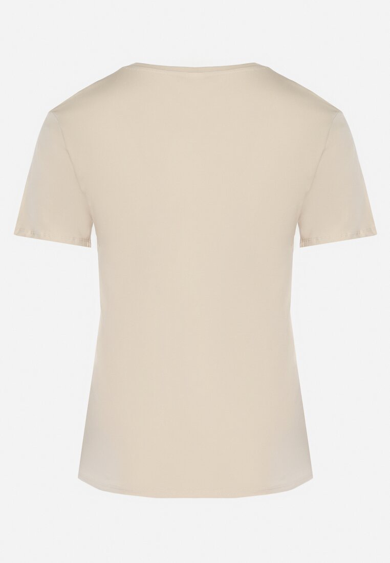 Beżowy Gładki T-shirt z Elastycznej Bawełny z Krótkim Rękawem Derdiara