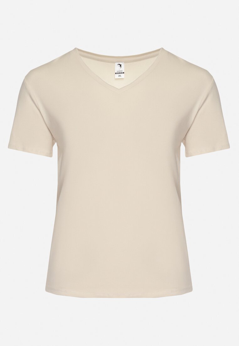 Beżowy T-shirt z Trójkątnym Dekoltem i Krótkimi Rękawami Hibiscua