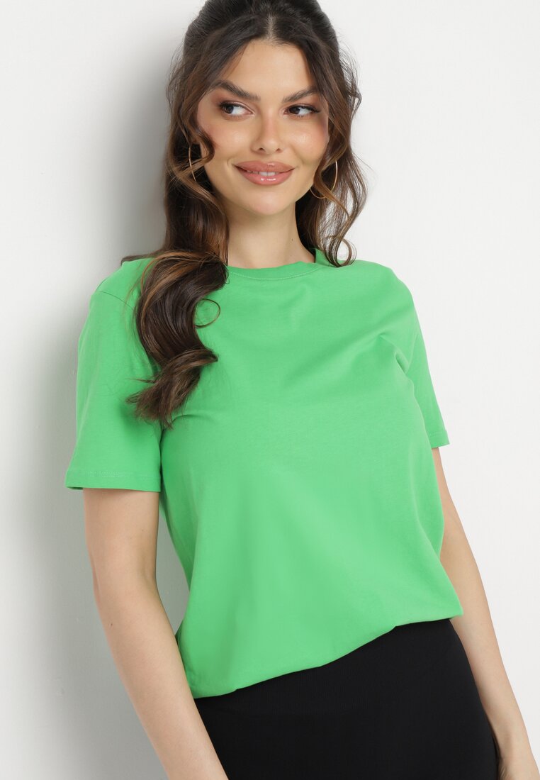 Zielony Gładki T-shirt z Elastycznej Bawełny z Krótkim Rękawem Derdiara