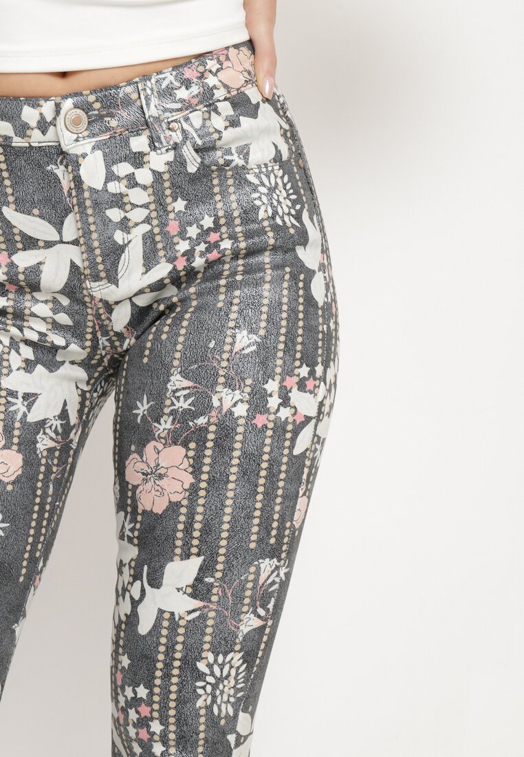 Szare Spodnie Skinny z Ozdobnym Kwiatowym Wzorem Lakardi