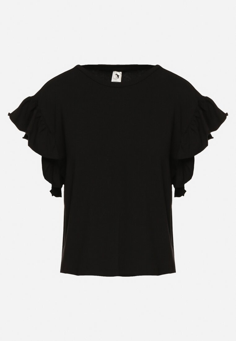 Czarny T-shirt z Falowanym Rękawem Aidira