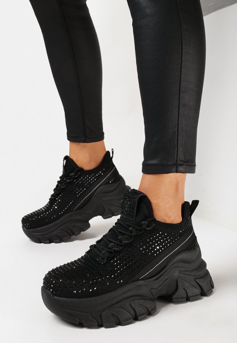 Czarne Sneakersy na Grubej Podeszwie Ozdobione Cyrkoniami Nallua