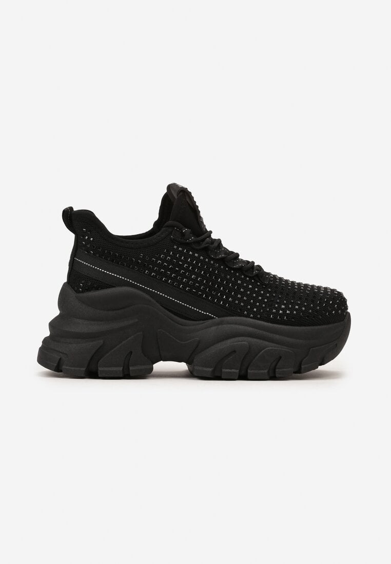 Czarne Sneakersy na Grubej Podeszwie Ozdobione Cyrkoniami Nallua