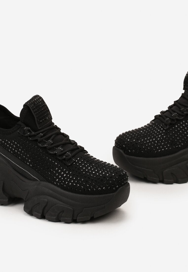 Czarne Sneakersy na Grubej Podeszwie Ozdobione Cyrkoniami Nallua