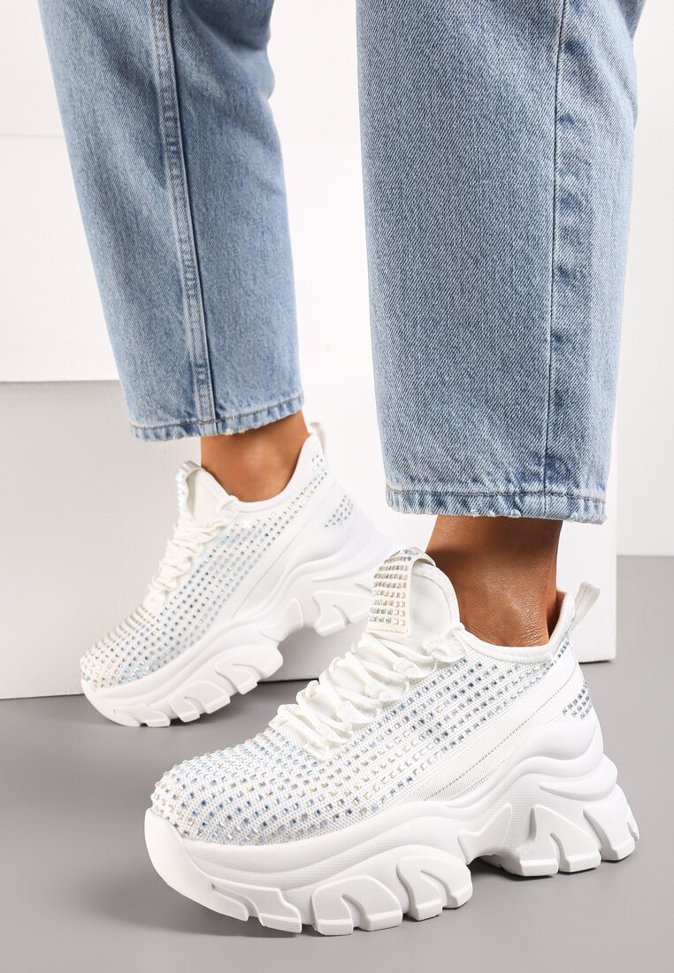 Białe Sneakersy na Grubej Podeszwie Ozdobione Cyrkoniami Nallua