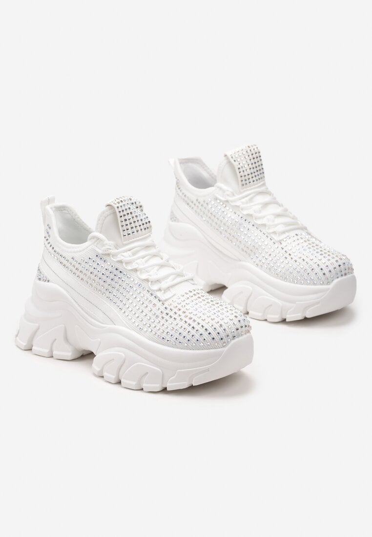 Białe Sneakersy na Grubej Podeszwie Ozdobione Cyrkoniami Nallua
