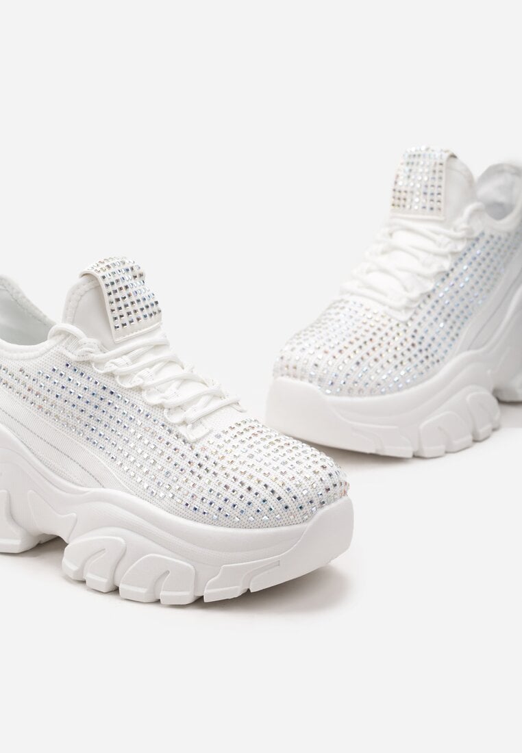 Białe Sneakersy na Grubej Podeszwie Ozdobione Cyrkoniami Nallua
