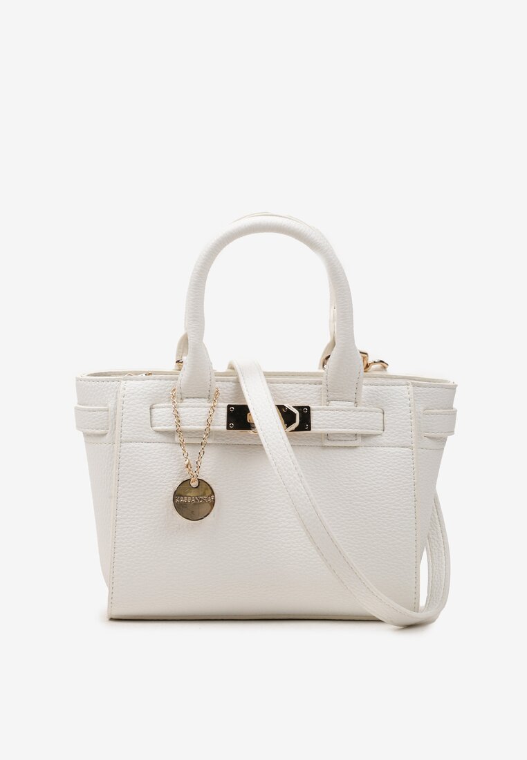 Biała Torebka z Ekoskóry z Rączkami z Paskiem i Metaliczną Zawieszką Mexima