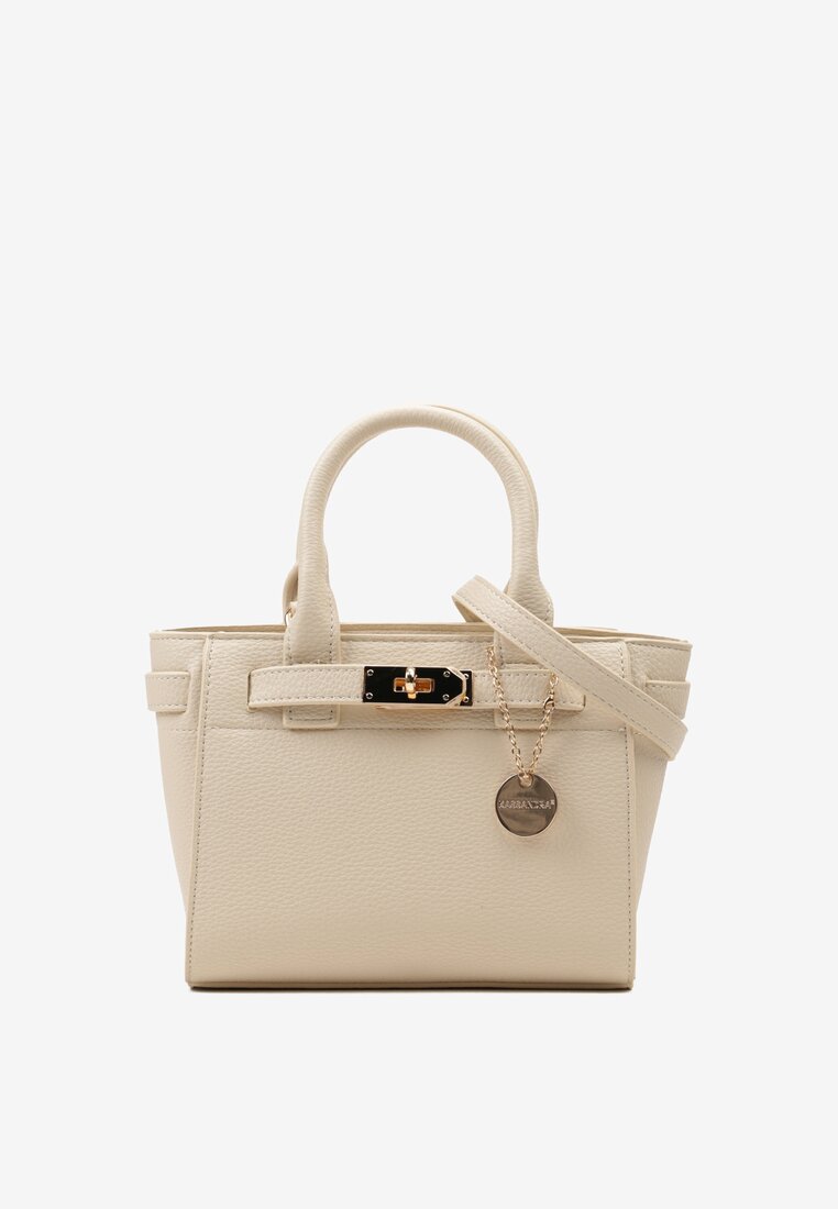 Beżowa Torebka z Ekoskóry z Rączkami z Paskiem i Metaliczną Zawieszką Mexima