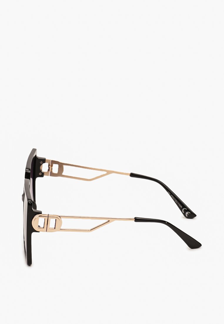Czarne Szerokie Okulary Przeciwsłoneczne z Kwadratowymi Oprawkami i Zdobieniem Mikoria