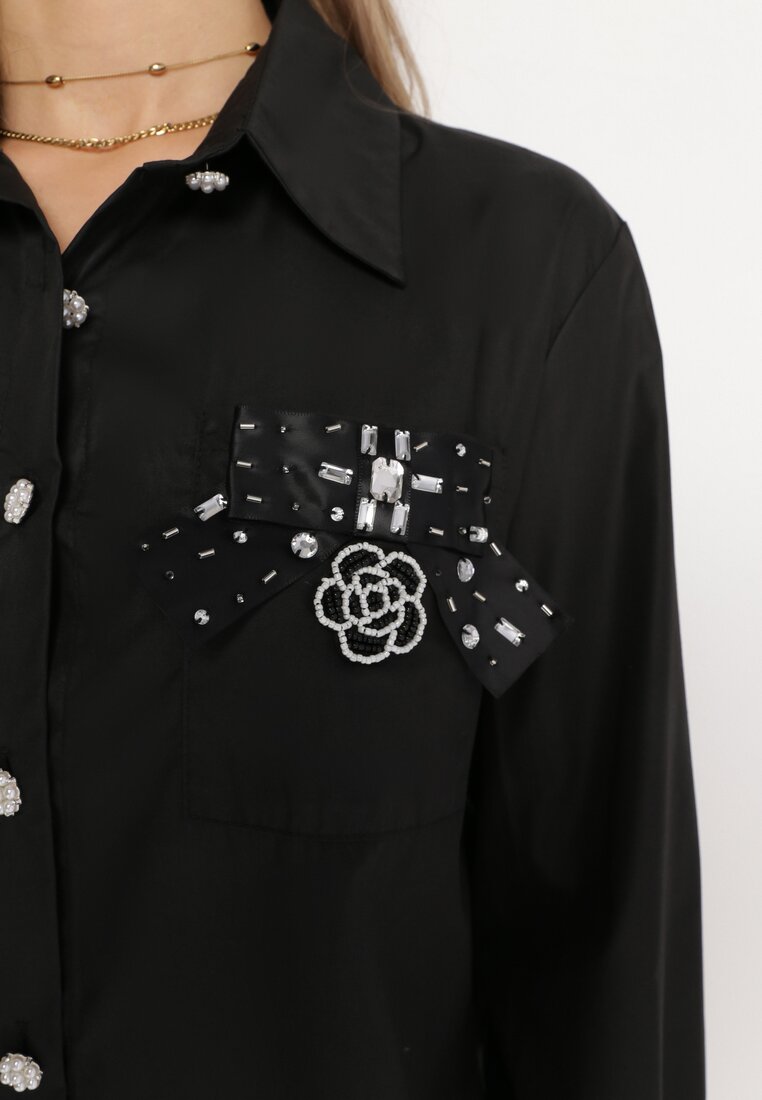 Czarna Koszula na Biżuteryjne Guziki ze Zdobionymi Kieszeniami Nerlla