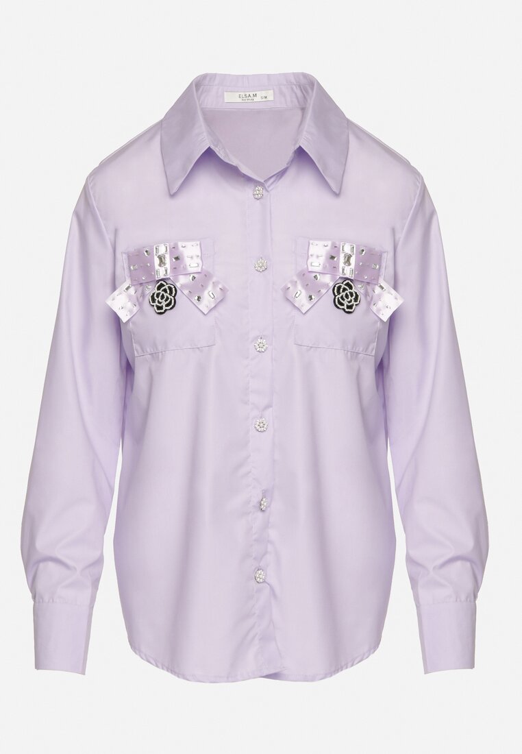 Fioletowa Koszula na Biżuteryjne Guziki ze Zdobionymi Kieszeniami Nerlla