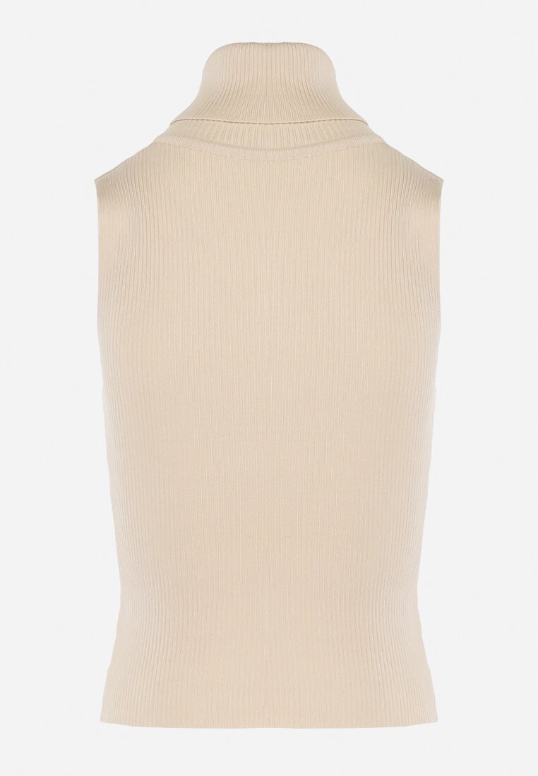 Jasnobeżowa Bluzka z Golfem bez Rękawów z Elastycznego Materiału Heliordia