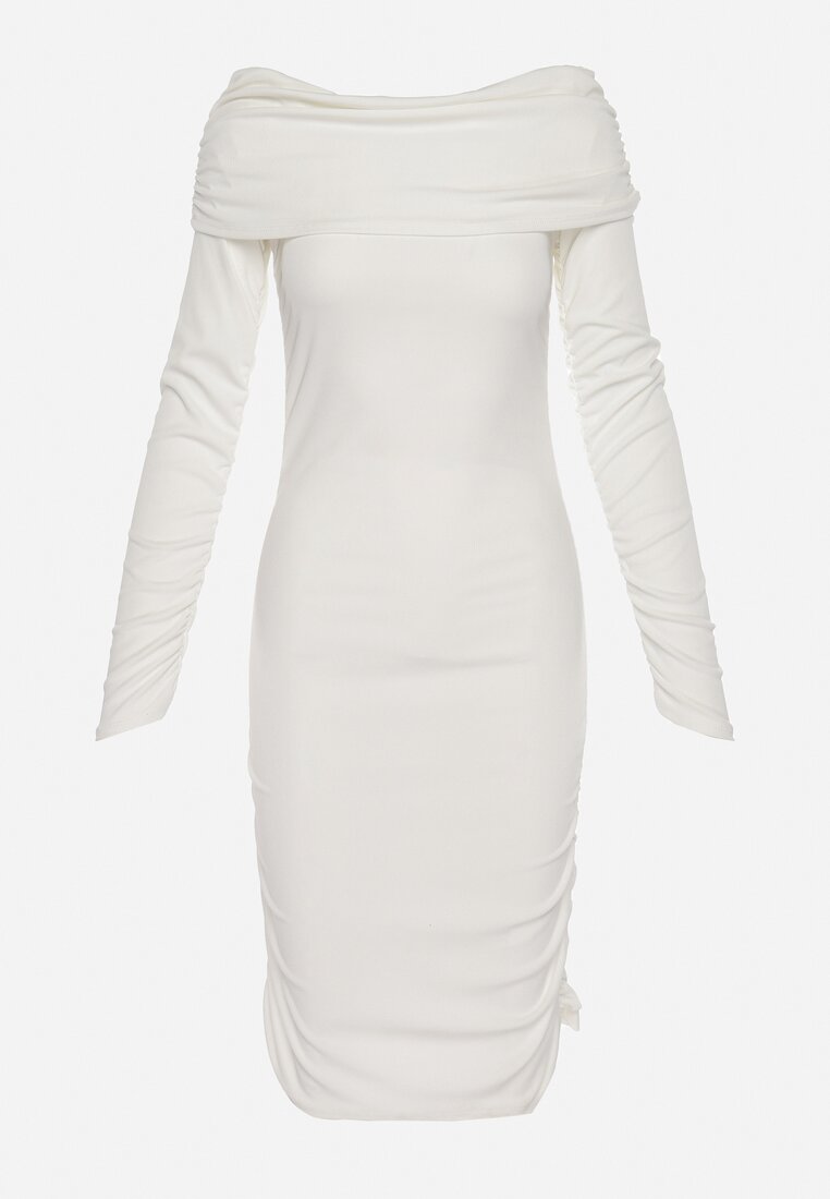 Biała Sukienka Midi Hiszpanka z Ozdobnym Drapowaniem Sarielni