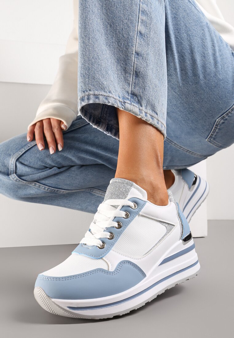 Niebiesko-Białe Sneakersy na Grubej Podeszwie z Brokatowymi Wstawkami Dorcassa