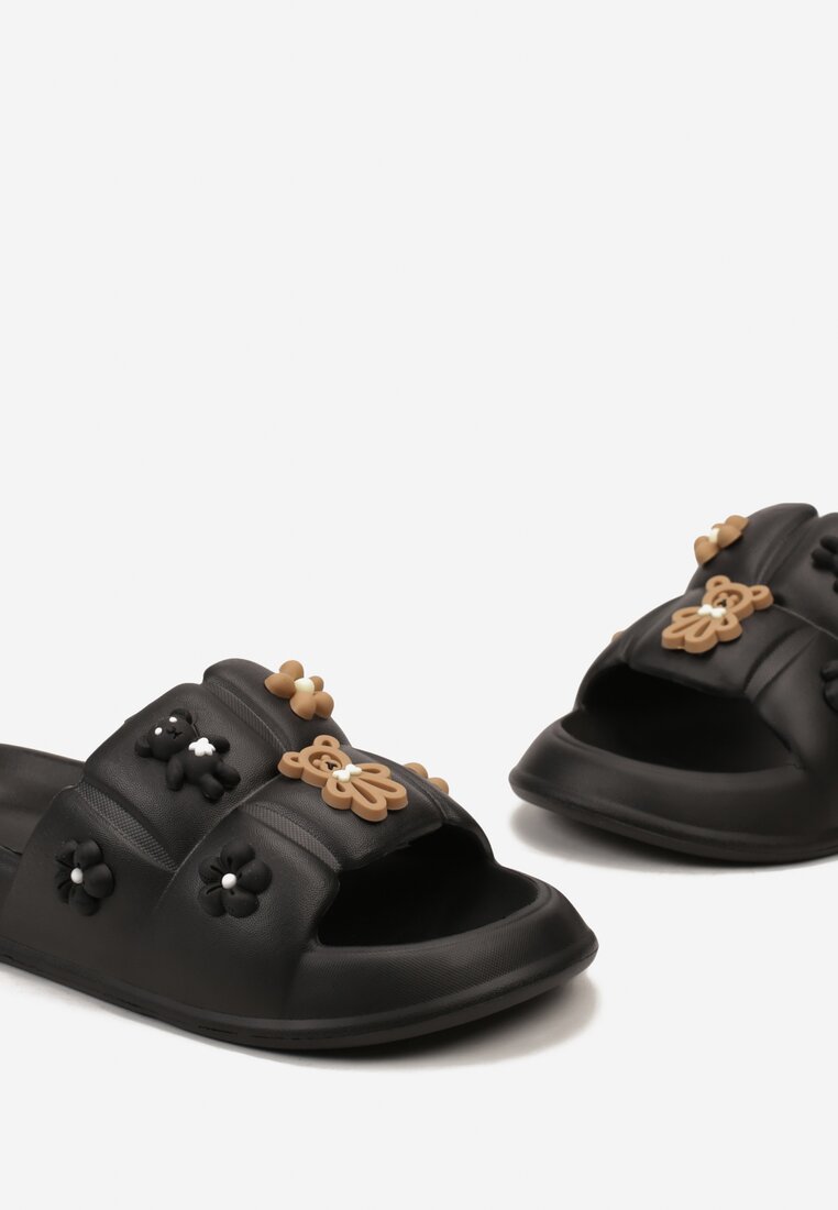 Czarne Klapki z Okrągły Noskiem i Ozdobami 3D na Cholewce Diversea