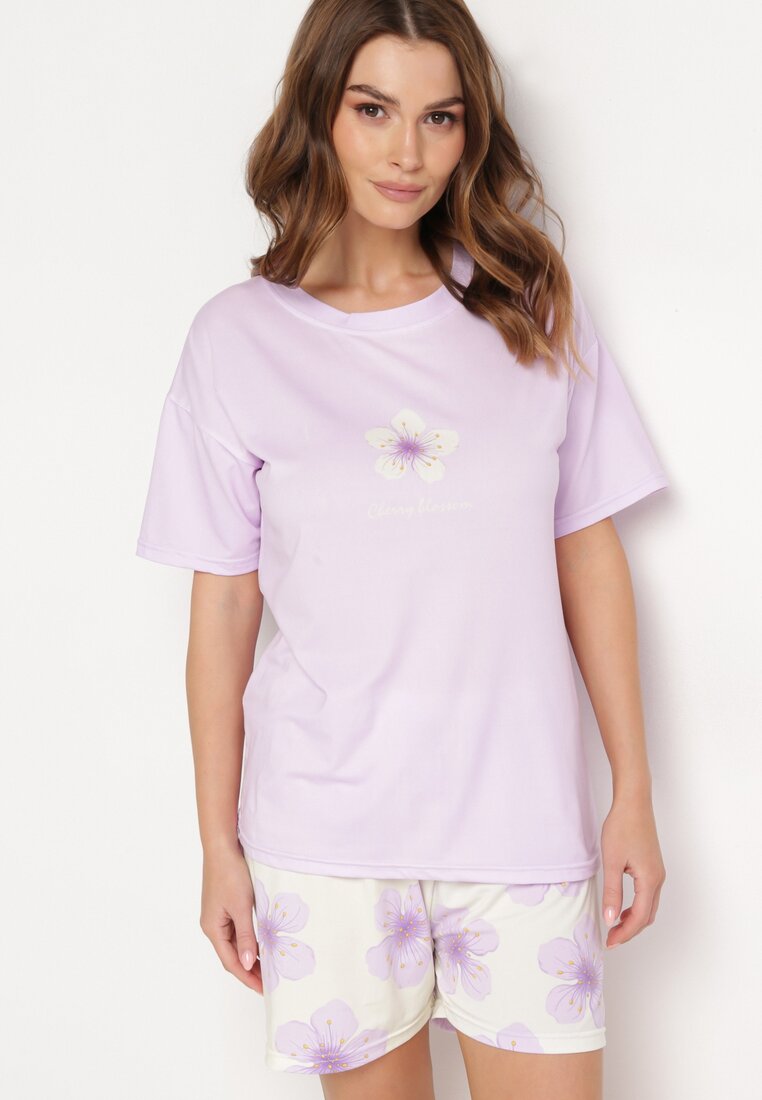 Jasnofioletowy Kwiatowy Komplet Piżamowy Koszulka z Krótkim Rękawem i Szorty z Gumką Telorian