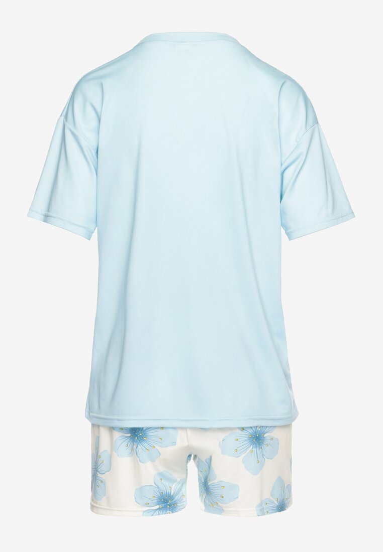 Niebieski Kwiatowy Komplet Piżamowy Koszulka z Krótkim Rękawem i Szorty z Gumką Telorian