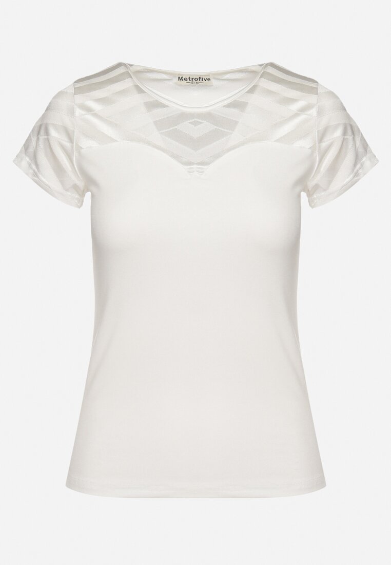 Biały Wiskozowy T-shirt z Siateczkowym Dekoltem i Welurowym Nadrukiem Gefattia