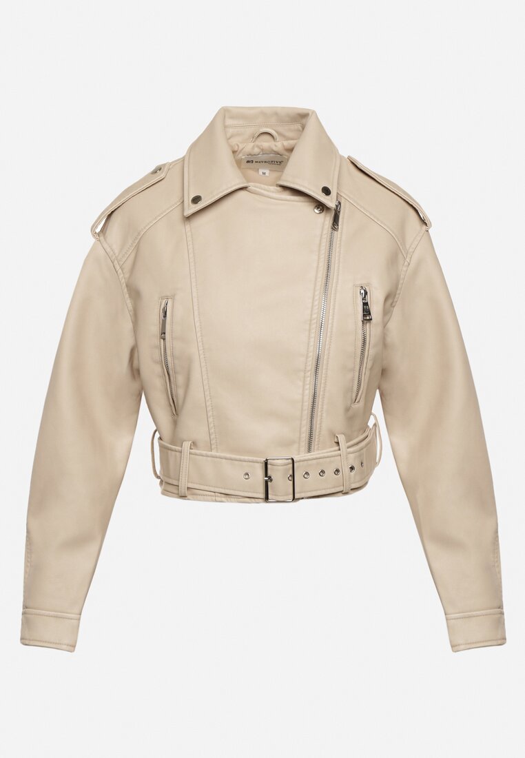 Beżowa Kurtka Ramoneska Vintage  o Krótkim Fasonie z Imitacji Skóry Corissande