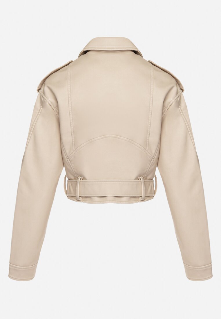 Beżowa Kurtka Ramoneska Vintage  o Krótkim Fasonie z Imitacji Skóry Corissande
