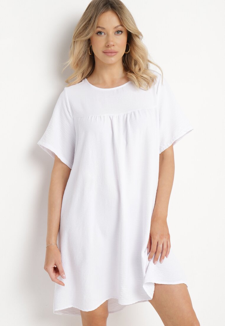 Biała Klasyczna Sukienka Mini Trapezowa z Krótkim Rękawem Ifilva