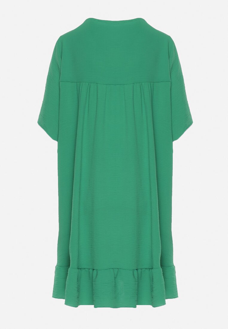 Zielona Sukienka z Falbanką o Rozkloszowanym Fasonie Mini Kerminna