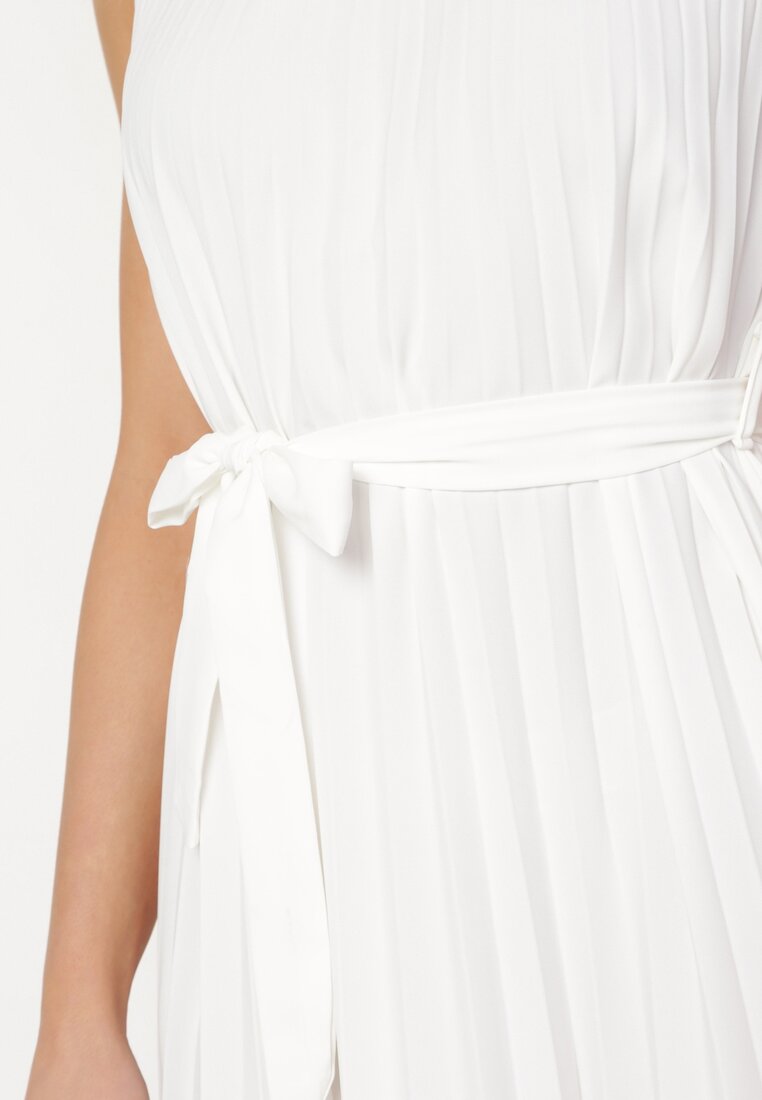 Biała Rozkloszowana Sukienka Midi Plisowana z Materiałowym Paskiem Varethia