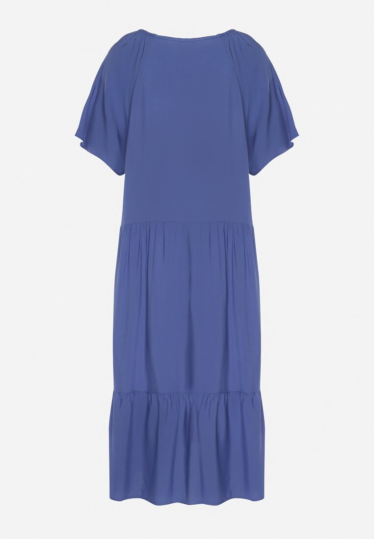 Niebieska Rozkloszowana Sukienka Midi z Trójkątnym Dekoltem i Falbanką Klario