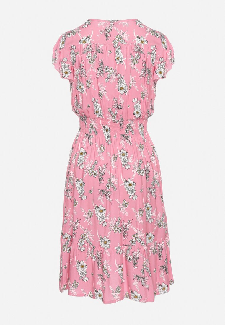 Różowa Sukienka Bawełniana z Kopertowym Dekoltem w Kwiatki Akariela