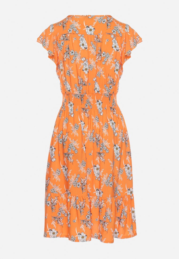 Pomarańczowa Sukienka Bawełniana z Kopertowym Dekoltem w Kwiatki Akariela