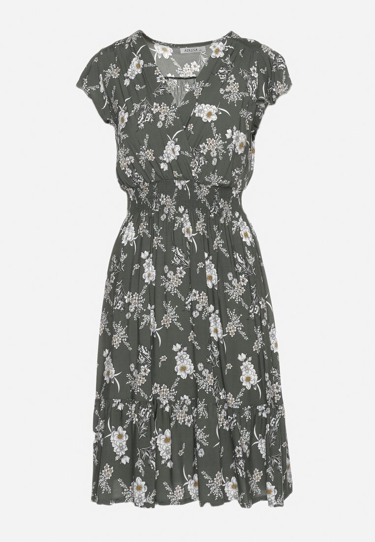 Ciemnozielona Sukienka Bawełniana z Kopertowym Dekoltem w Kwiatki Akariela