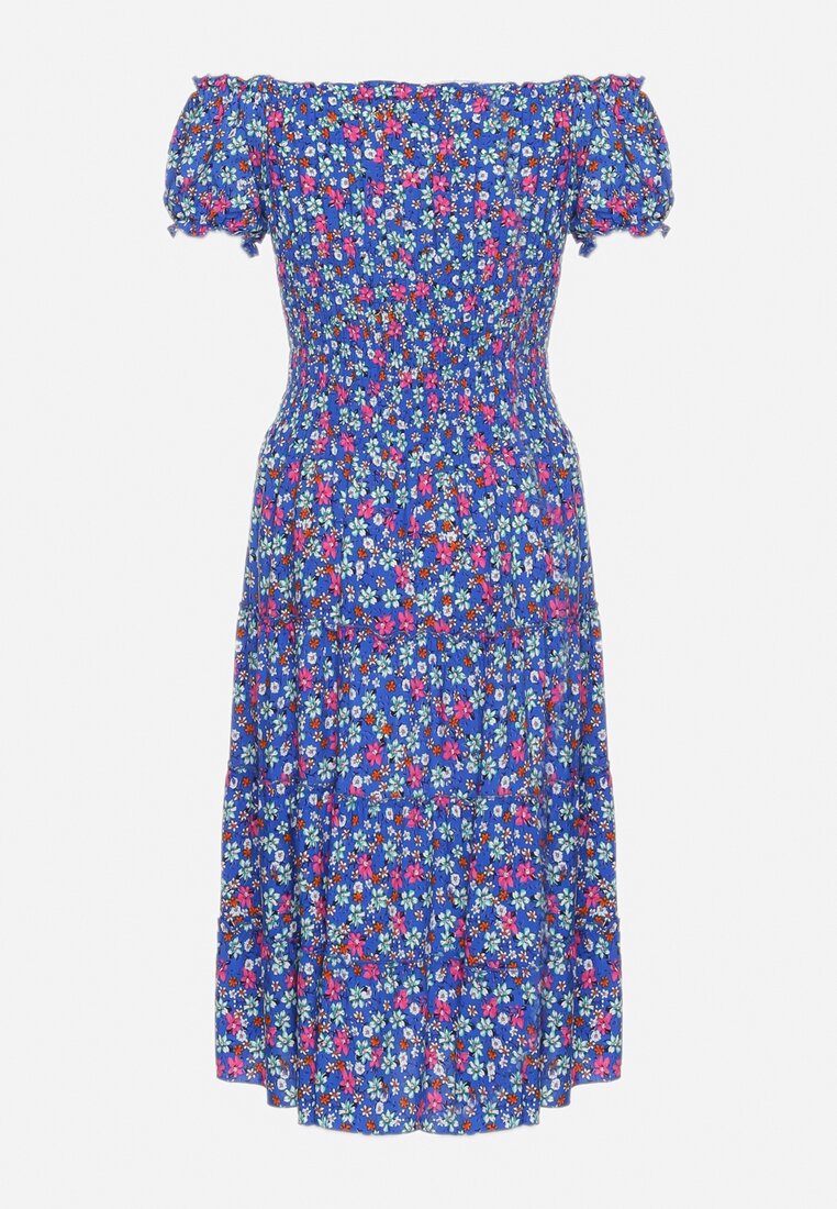 Niebieska Bawełniana Sukienka Midi w Kwiatowy Print o Fasonie Hiszpanki Anirpe