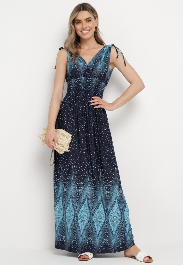 Niebiesko-Granatowa Sukienka Maxi z Wiskozy z Gumką w Talii w Stylu Boho Salura