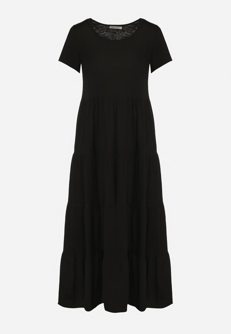 Czarna Bawełniana Sukienka Maxi Rozkloszowana z Okrągłym Dekoltem Isari