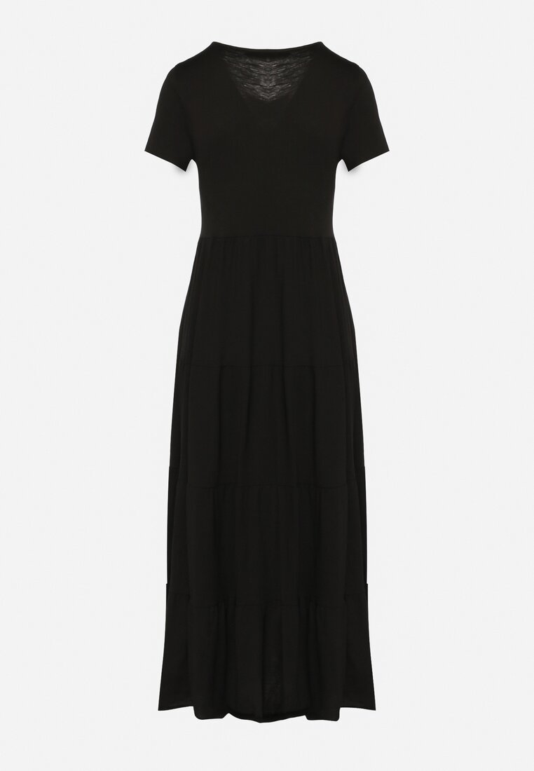 Czarna Bawełniana Sukienka Maxi Rozkloszowana z Okrągłym Dekoltem Isari