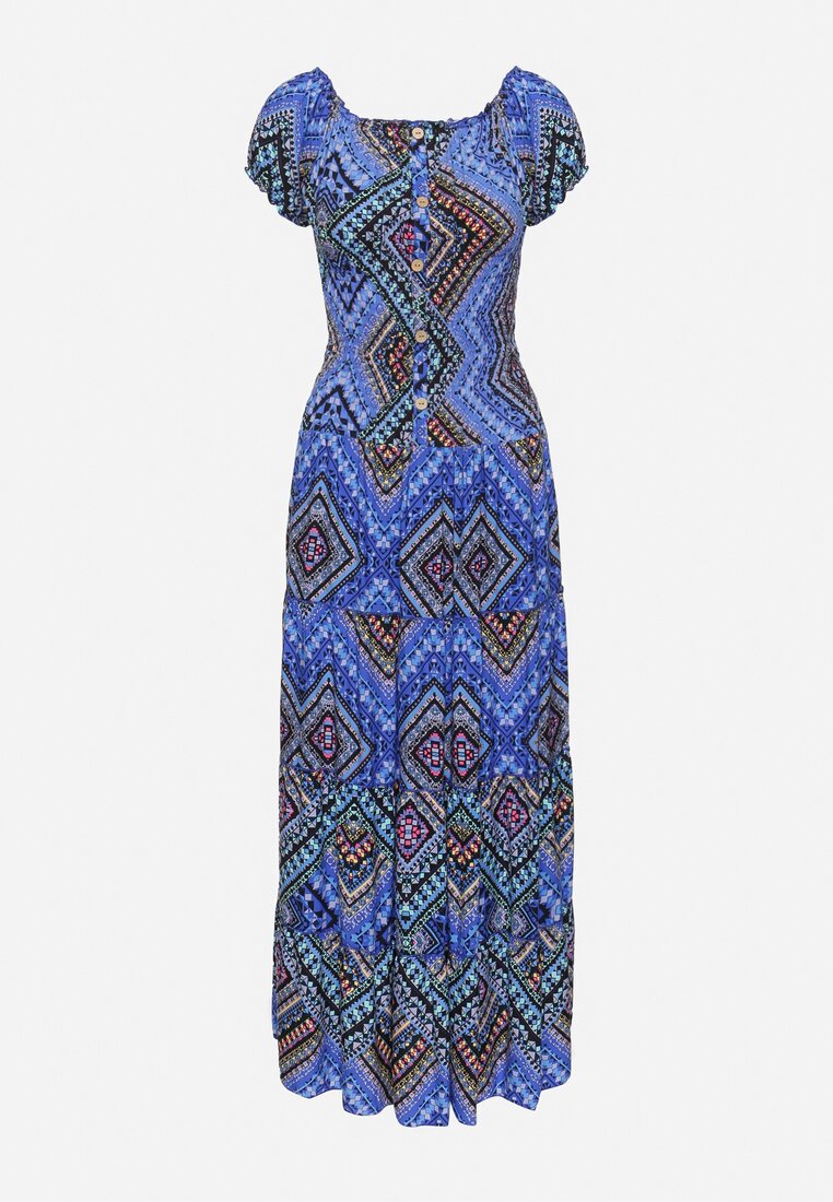 Niebieska Bawełniana Sukienka Hiszpanka w Etno Wzór z Gumką w Pasie Kinetha