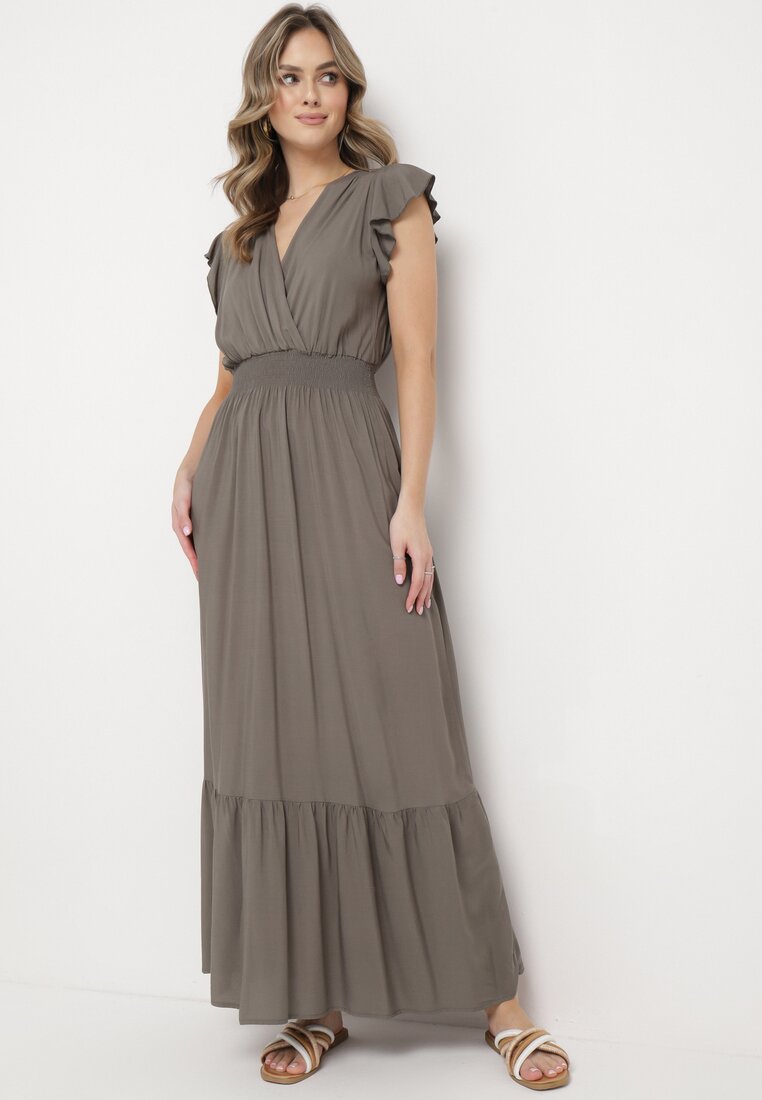 Ciemnobeżowa Bawełniana Sukienka Maxi z Kopertową Górą Rozkloszowana Xaliara