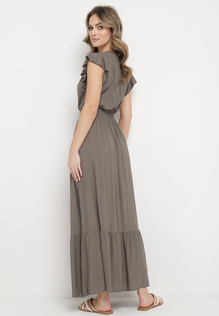 Ciemnobeżowa Bawełniana Sukienka Maxi z Kopertową Górą Rozkloszowana Xaliara