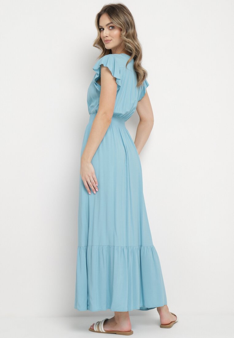 Jasnoniebieska Bawełniana Sukienka Maxi z Kopertową Górą Rozkloszowana Xaliara