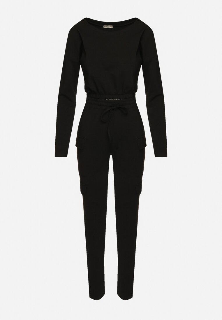 Czarny Komplet Dresowy z Krótką Bluzą i Spodniami Bojówkami Dilenna