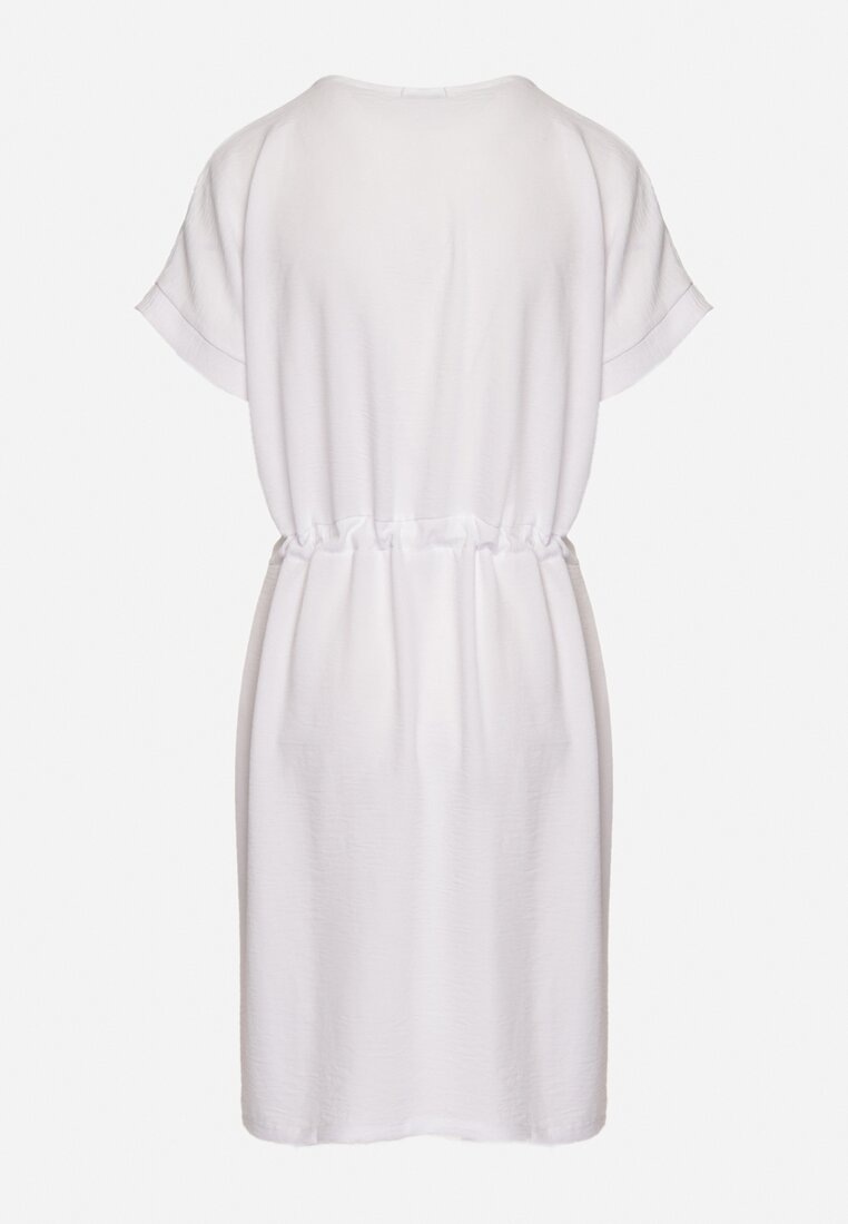 Biała Sukienka Mini z Krótkim Rękawem Ściągana w Pasie Troczkami Bellisant