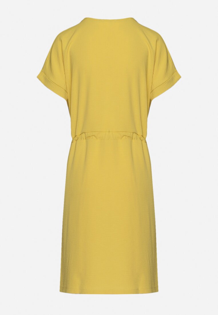 Żółta Sukienka Mini z Krótkim Rękawem Ściągana w Pasie Troczkami Bellisant