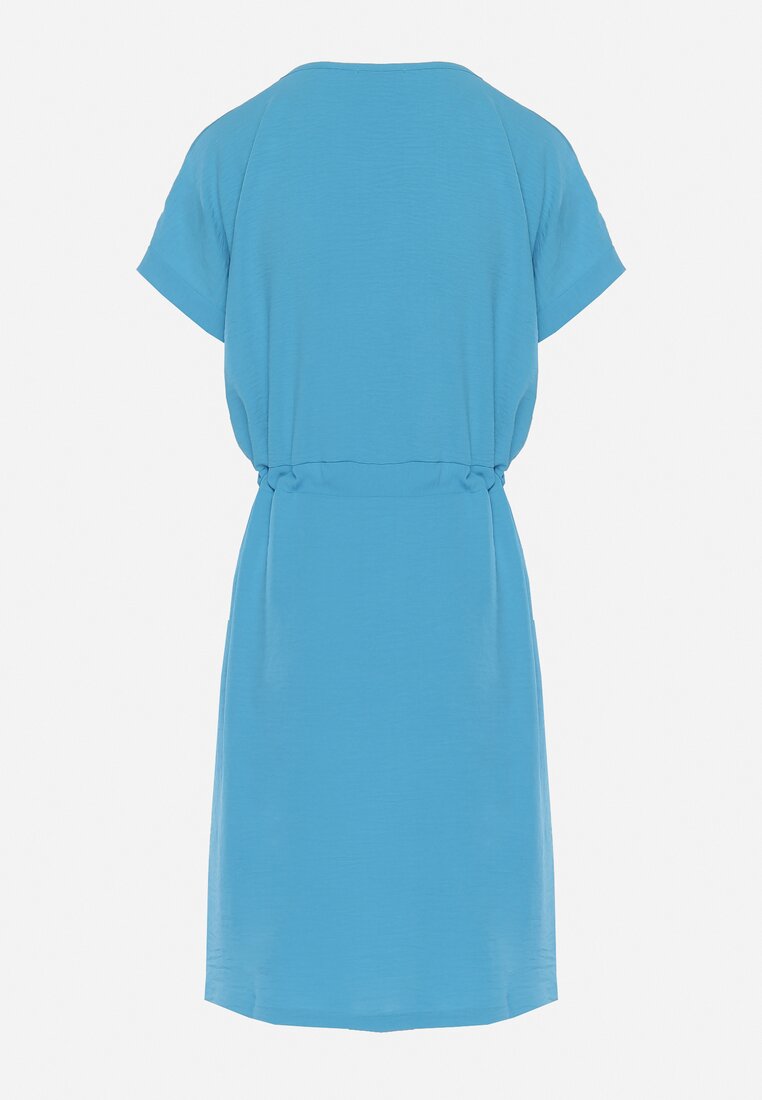 Niebieska Sukienka Mini z Krótkim Rękawem Ściągana w Pasie Troczkami Bellisant
